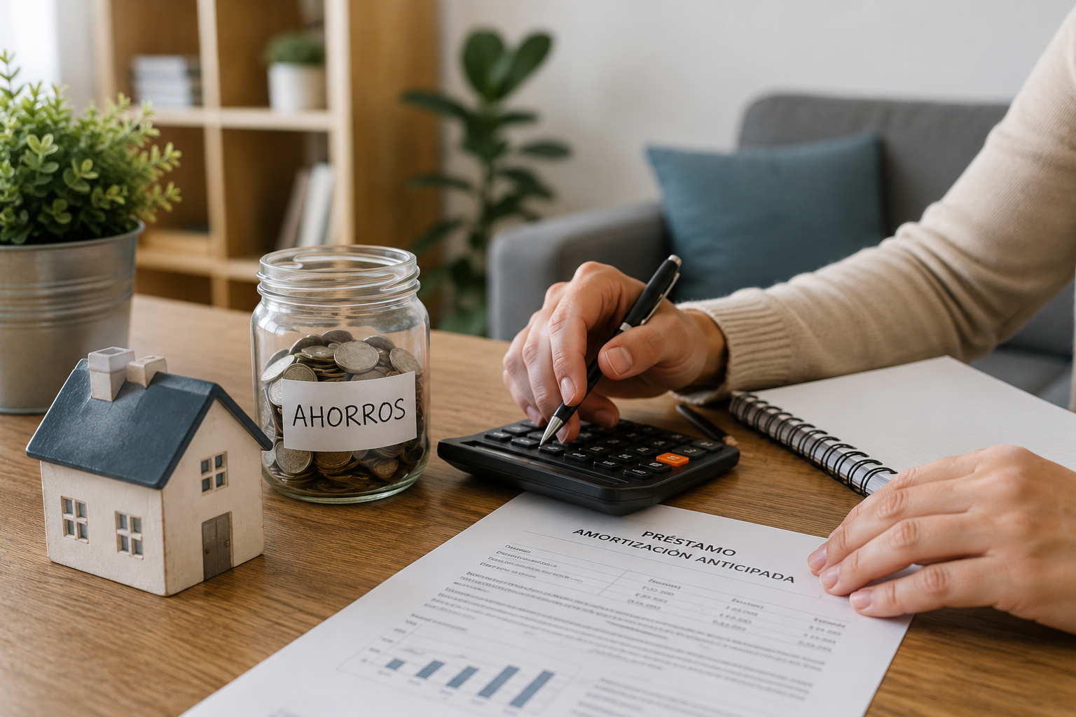 Persona calculando el ahorro de intereses al amortizar un préstamo anticipadamente