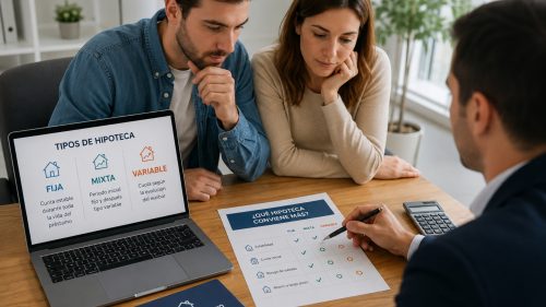 Asesor hipotecario mostrando a una pareja las diferencias entre una hipoteca fija, mixta y variable para elegir la opción más adecuada según su perfil financiero en 2026.