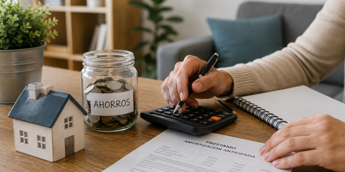 Persona calculando el ahorro de intereses al amortizar un préstamo anticipadamente