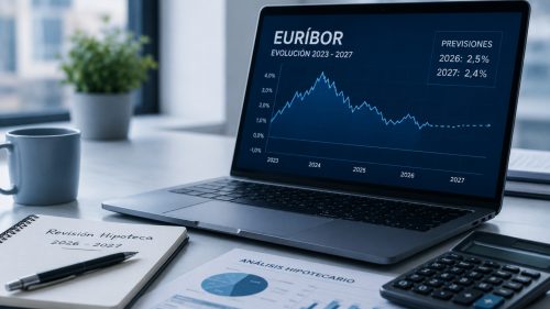 Portátil mostrando la evolución del euríbor y las previsiones para 2026 y 2027 junto a documentos de análisis hipotecario y una calculadora.