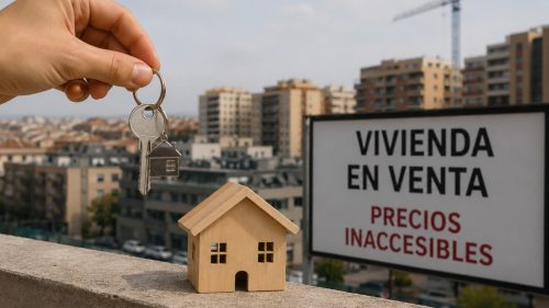 Mano sosteniendo unas llaves junto a una vivienda en miniatura con edificios al fondo, representando las dificultades de acceso a la vivienda en España.
